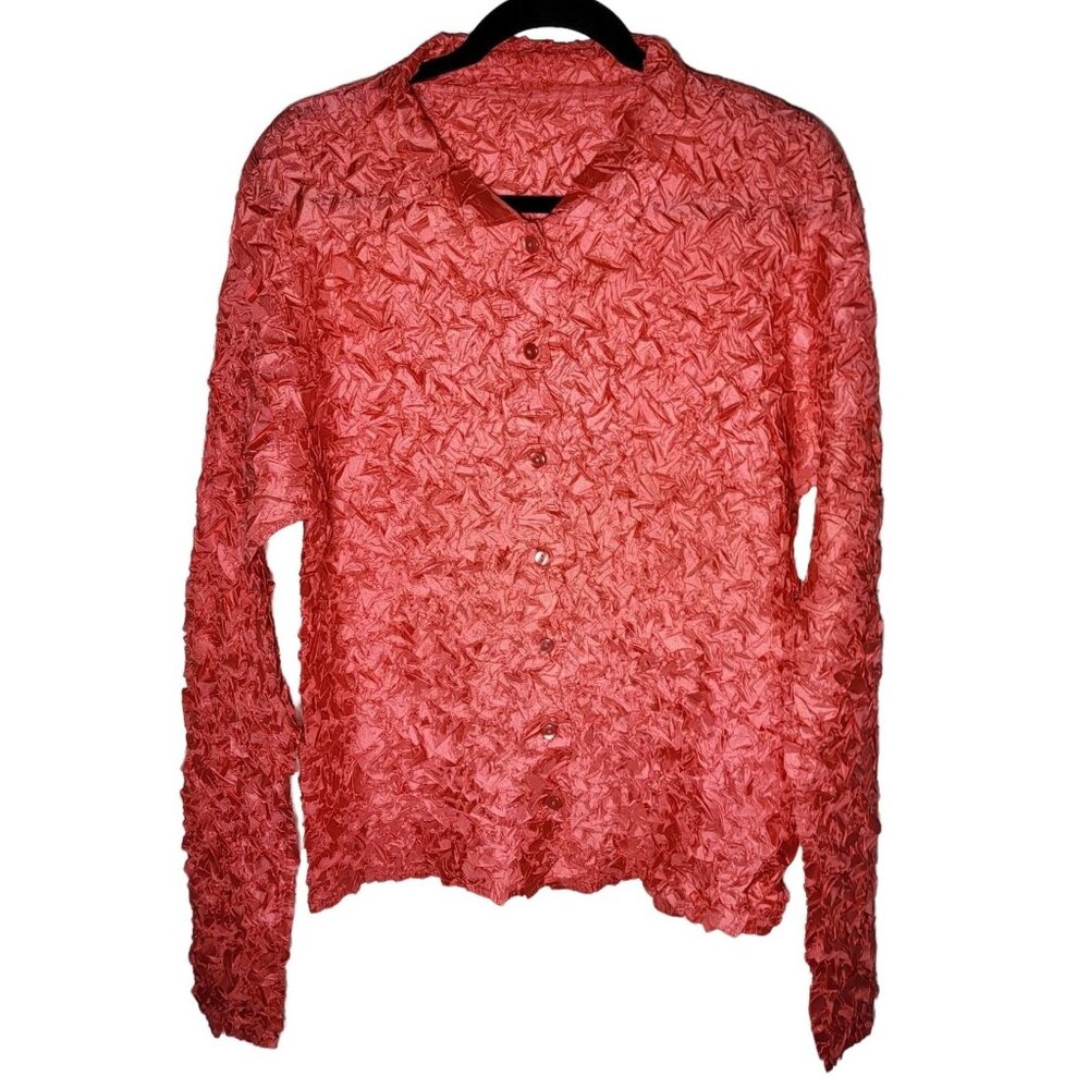 Pink Popcorn Button Front Long Sleeve Shirt Size Medium Crinkle Stretch Y2K
